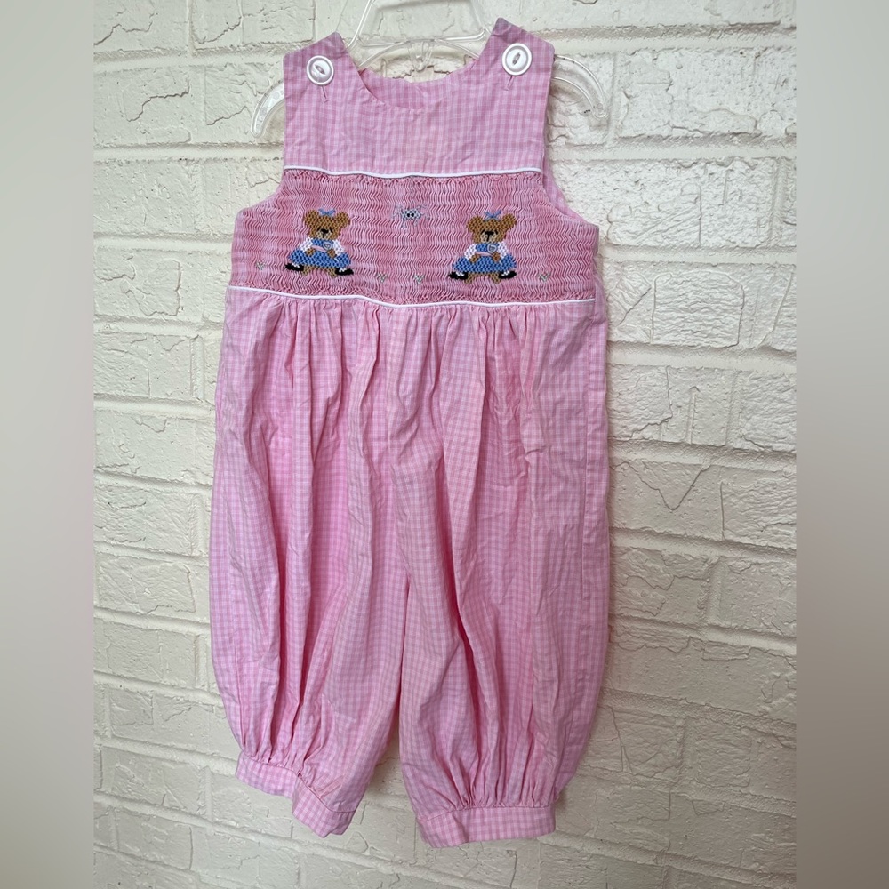 Pink Gingham Smocked Teddy Bear Little Miss Muffet Bubble Romper Girls 12 months